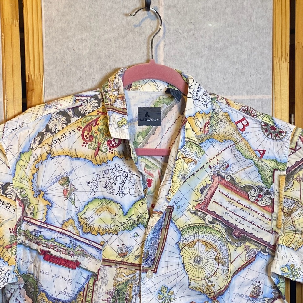 Lizwear Mens Vintage World Map Print Button Down Shirt Short Sleeve Cotton Med - Picture 5 of 13
